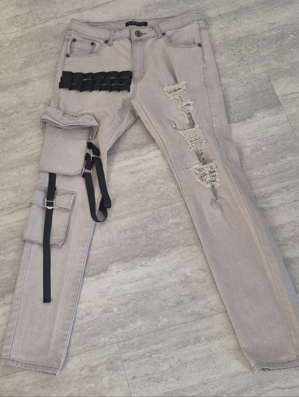 M Society Politically Incorrect Jeans 32x32 Distressed Cargo Strap Tan Denim